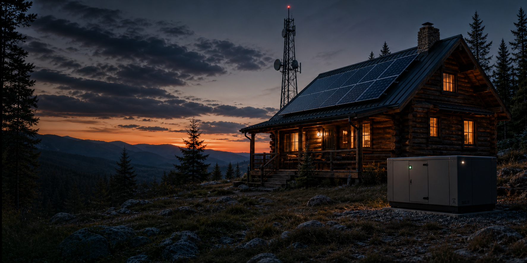 Log cabin with rooftop solar, a standby generator, and a communications tower at dusk