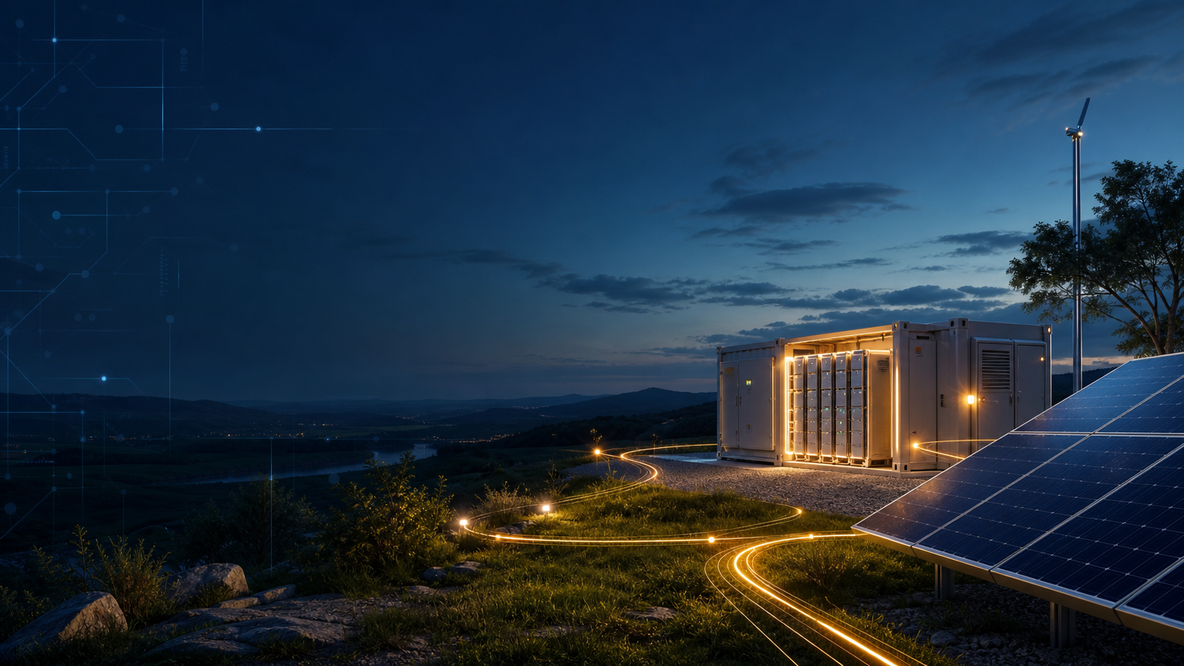 Solar panels and power system equipment at dusk